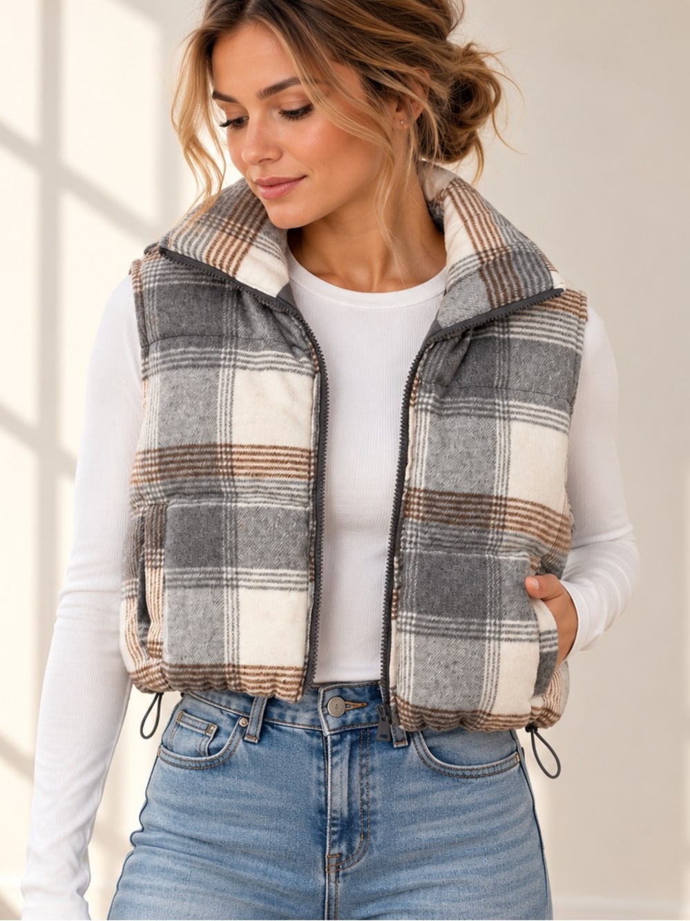 STCOOSH Plaid Cropped Puffer Vest Grey Cream Brown NWT Medium